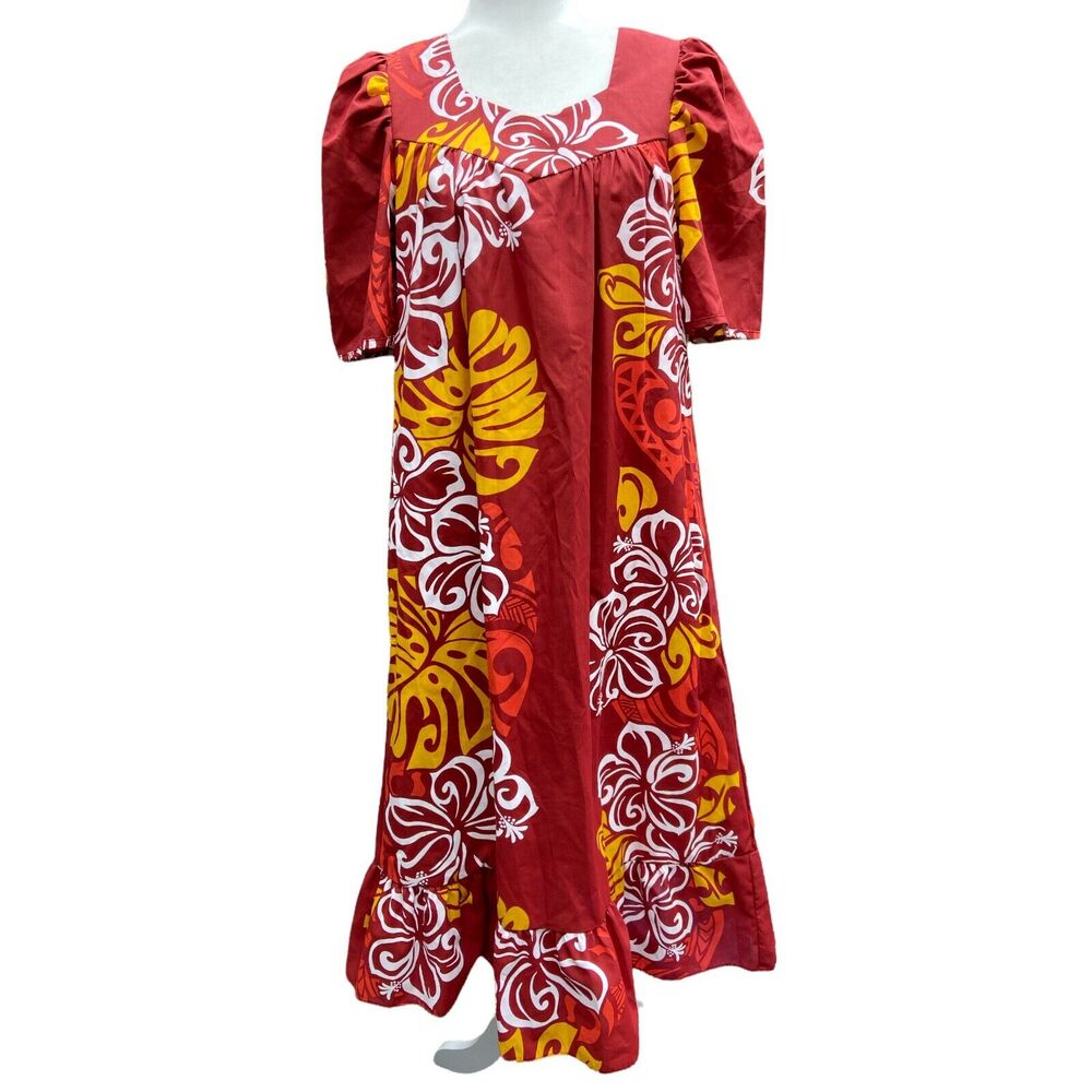 Vintage Women's‎ Red Floral Hawaiin Long Maxi Dress Muumuu Medium Pockets